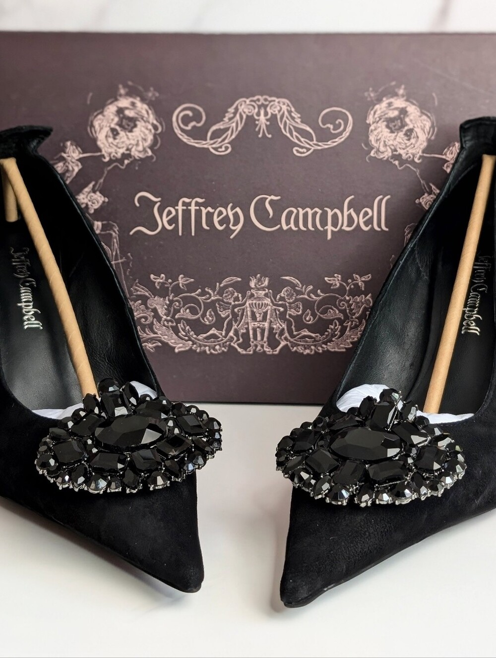 Jeffrey Campbell Parliament Black Suede Crystal Pointed Toe Pumps 8 - Picture 3 of 14